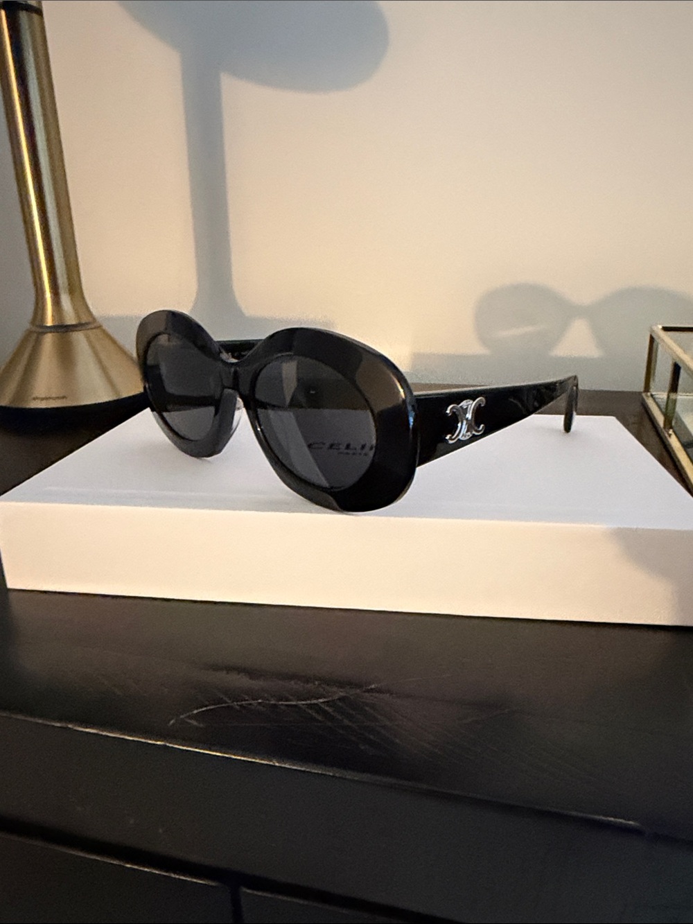Never worn- Celine Black triomphe Round Logo Sunglasses with Silver Emblem